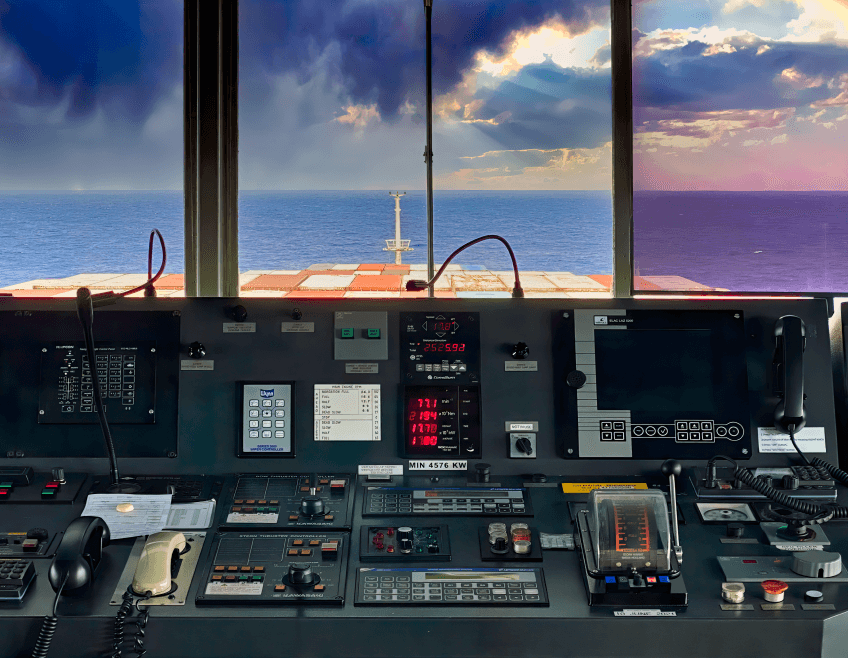 Ship bridge control room with navigation equipment and displays