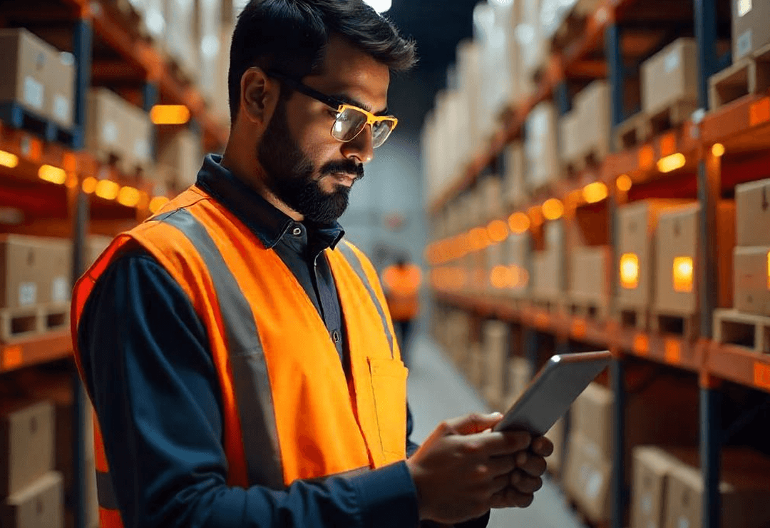 Worker with tablet in warehouse