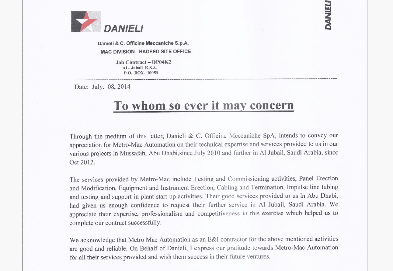 Danieli Letter certificate preview