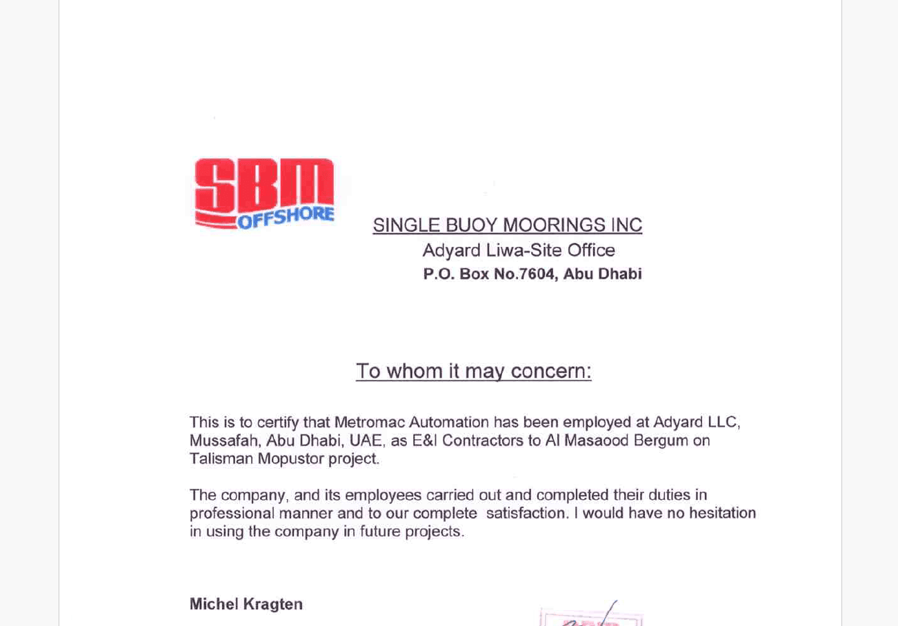 SBM Talisman certificate preview